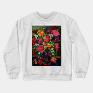 Some abstract mixed flowers in a metallic  bronze  and green leaf vase Crewneck Sweatshirt